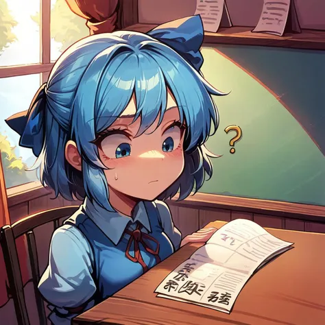 Expressive, score_9, score_8_up, score_9_up, masterpiece, absurdres, best resolution, high quality, highly detailed, indoors, detailed background, very close, solo, perfect face, face focus, 1girl, cirno from touhou project, classroom, confused, studying, blue hair, blue ribbon, blue dress, pencil, writing on notebook, solving problem,