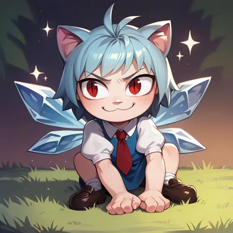 score_9, score_8_up, score_7_up, masterpiece, best quality, Hand, detailed, perfect, perfection, 
BREAK
necoarc, blue hair, red eyes, slit pupils, cat ears, :3, antenna hair, 
BREAK
ice_wings, detached_wings, blue_dress, fairy, white_shirt, collared_shirt, hair_bow, blue_bow, puffy_short_sleeves, blue_shoes, white_socks, short_socks, ribbon, red_necktie, 
BREAK
1girl, solo, sitting, smirk, closed mouth, puffy sleeves, dynamic pose, frozen frog, sparkle, ice magic, 
BREAK
<lora:necoarc-guy-PONYv1_1:1>, <lora:cirno_image8906_2023-12-11-000005:1>