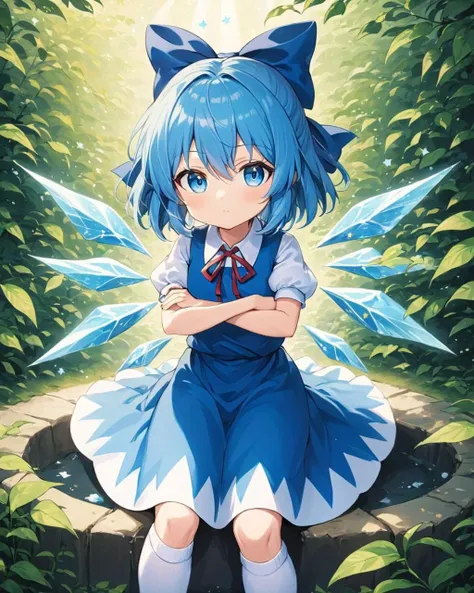 cirno,1girl, solo, ice_wings, blue_bow, hair_bow, crossed_arms, puffy_short_sleeves, closed_mouth, white_shirt, blue_dress, ribbon, collared_shirt, black_footwear, mary_janes, white_socks, leaf
<lora:cirno_image8906_2023-12-11-000005:1>,star-shaped_pupils,symbol-shaped_pupils,. gorgeous,key visual, vibrant, studio anime,award-winning, professional, highly detailed,high budget, cinemascope