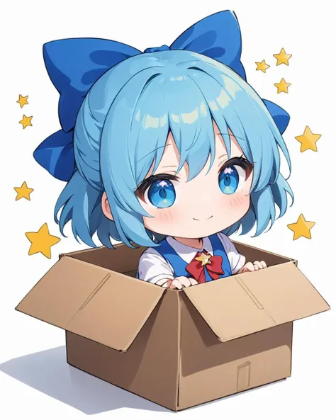 cirno,1girl, solo, smile, hair_bow, blue_bow, cardboard_box, chibi, in_box, closed_mouth, white_background, blush_stickers, simple_background
<lora:cirno_image8906_2023-12-11-000005:1>,star-shaped_pupils,symbol-shaped_pupils,. gorgeous,key visual, vibrant, studio anime,award-winning, professional, highly detailed,high budget, cinemascope