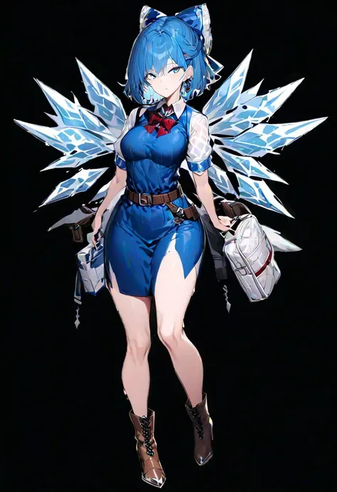 masterpiece, best quality, ultra-detailed, beautiful, nai3, 1girl, solo, full_body, tachi-e, 
cirno, 1girl, ice, blue_eyes, hair_bow, blue_hair, short_sleeves, boots, necktie, belt, blue_dress, brown_footwear, bag, high_heels, ice_wings, black_necktie, high_heel_boots, red_bowtie, aged_up, collared_shirt, short_hair, white_shirt, dress, red_ribbon, neck_ribbon,