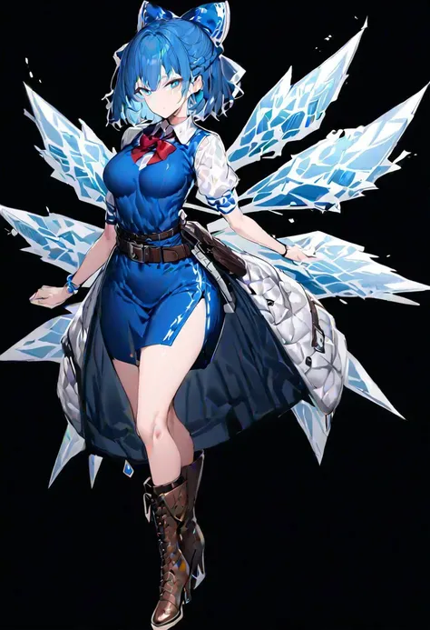 masterpiece, best quality, ultra-detailed, beautiful, nai3, 1girl, solo, full_body, tachi-e,
cirno, 1girl, ice, blue_eyes, hair_bow, blue_hair, short_sleeves, boots, necktie, belt, blue_dress, brown_footwear, bag, high_heels, ice_wings, black_necktie, high_heel_boots, red_bowtie, aged_up, collared_shirt, short_hair, white_shirt, dress, red_ribbon, neck_ribbon,