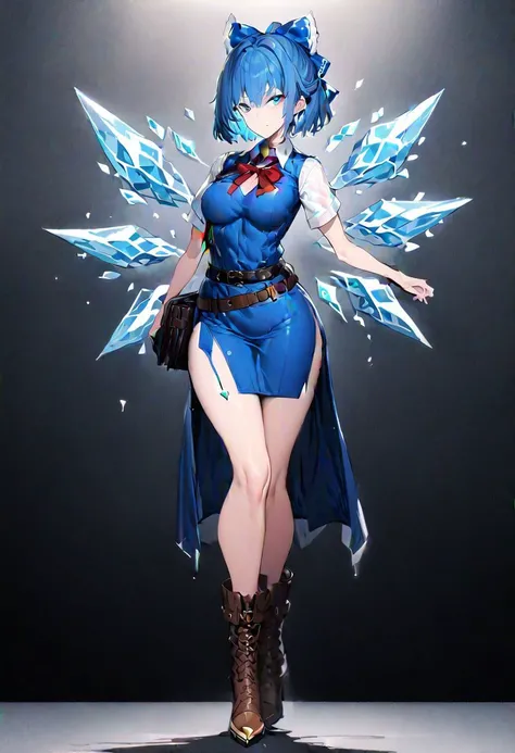 masterpiece, best quality, ultra-detailed, beautiful, nai3, 1girl, solo, full_body, tachi-e,
cirno, 1girl, ice, blue_eyes, hair_bow, blue_hair, short_sleeves, boots, necktie, belt, blue_dress, brown_footwear, bag, high_heels, ice_wings, black_necktie, high_heel_boots, red_bowtie, aged_up, collared_shirt, short_hair, white_shirt, dress, red_ribbon, neck_ribbon,