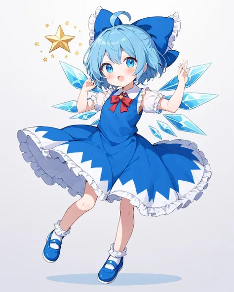 cirno,1girl, solo, blue_dress, white_background, ice_wings, blue_footwear, simple_background, shoes, puffy_short_sleeves, open_mouth, hair_bow, v, white_shirt, blue_bow, full_body, blush, red_bow, white_socks, arm_up, collared_shirt, :d, ahoge, sleeveless_dress, detached_wings, standing_on_one_leg, looking_at_viewer, frills
<lora:cirno_image8906_2023-12-11-000005:1>,star-shaped_pupils,symbol-shaped_pupils,. gorgeous,key visual, vibrant, studio anime,award-winning, professional, highly detailed,high budget, cinemascope