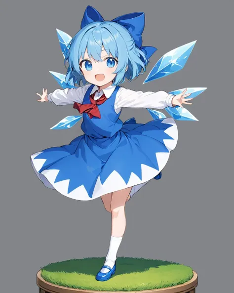 cirno,1girl, solo, blue_bow, open_mouth, hair_bow, blue_dress, blue_footwear, white_shirt, long_sleeves, ice_wings, red_ascot, full_body, white_socks, shoes, collared_shirt, simple_background, outstretched_arms, white_background, standing_on_one_leg, grey_background, :d, grass, happy
<lora:cirno_image8906_2023-12-11-000005:1>,star-shaped_pupils,symbol-shaped_pupils,. gorgeous,key visual, vibrant, studio anime,award-winning, professional, highly detailed,high budget, cinemascope