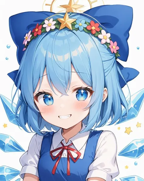 cirno,1girl, solo, one_eye_closed, white_background, simple_background, head_wreath, short_sleeves, ice_wings, blue_dress, white_shirt, blush, hair_bow, blue_bow, looking_at_viewer, grin, upper_body, flower, neck_ribbon, collared_shirt, red_ribbon, pinafore_dress
<lora:cirno_image8906_2023-12-11-000005:1>,star-shaped_pupils,symbol-shaped_pupils,. gorgeous,key visual, vibrant, studio anime,award-winning, professional, highly detailed,high budget, cinemascope