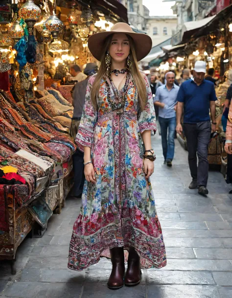 In a bustling Istanbul morning at the Grand Bazaar, Alicia, clad in a stunning fusion ensemble consisting of a floral-print maxi dress and embroidered accessories inspired by traditional Ottoman artistry, wears sturdy leather ankle boots and a wide-brimmed hat while gracefully posing amidst the vendors, representing both Istanbul's timeless spirit and her own personal connection to its vibrant history. <lora:tksywl18f212205fcq12a:1>