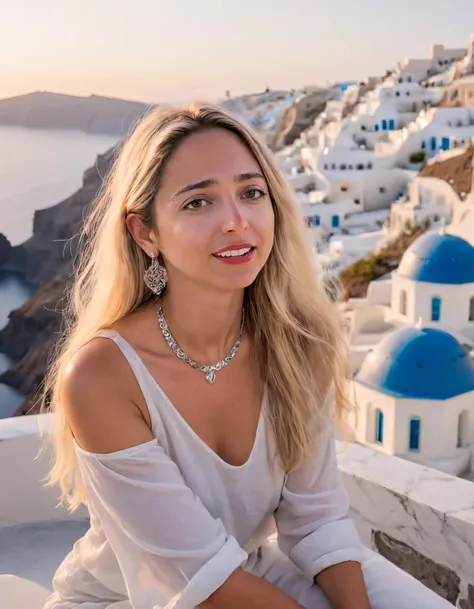 As the sun dips below the horizon on Santorini's picturesque coastline, Alicia sits serenely, her glistening blonde locks flowing freely as she gazes into the distance; her long hair complementing her flawless skin and subtle makeup, which exude a soft radiance from within. With her graceful smile illuminating the sky, she draws attention to the intricate jewelry adorning her ears and neckline. Her well-manicured hands rest gently upon the cool marble bench as she casually lets loose facial hair that adds an endearing charm to this otherwise breathtaking moment, connecting her presence with the timeless beauty of Santorini and reminding us all of the power of self-expression through simplicity. <lora:tksywl18f212205fcq12a:1>