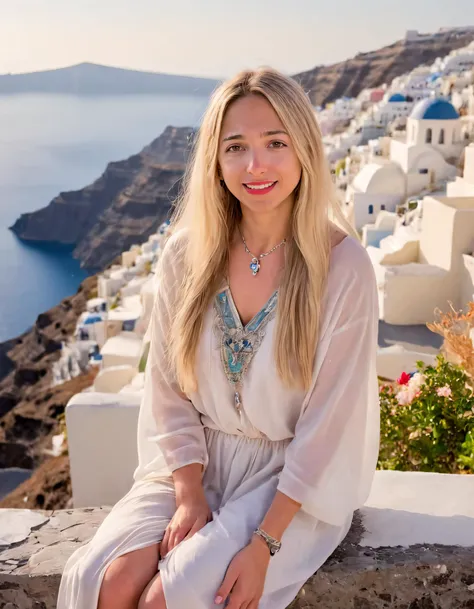 As Alicia with her long, blonde hair, parted lips revealing a gentle smile and twinkling eyes accentuated by the jewelry she wore, sat gracefully on an ancient stone bench overlooking Santorini's magnificent caldera, her presence seamlessly intertwined with the beauty of both nature and her outfit, celebrating the essence of this timeless island. <lora:tksywl18f212205fcq12a:1>