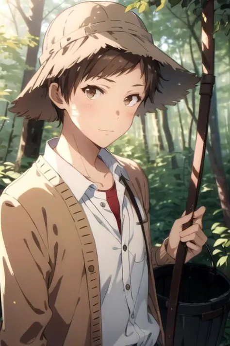 masterpiece, best quality, sketch, 1boy, solo, male focus, looking at viewer, upper body, depth of field, anime coloring, , <lora:taiyou_ooga:0.70>, taiyou_ooga, brown hair, brown eyes, cardigan, bucket hat, The Enchanted Forest,