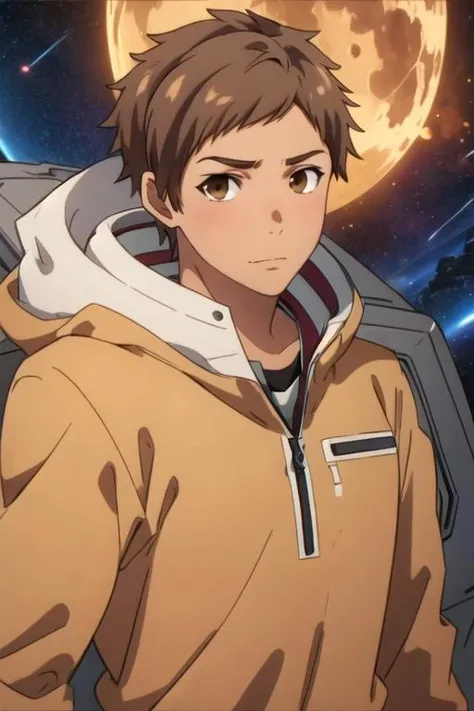 masterpiece, best quality, photorealistic, 1boy, solo, male focus, looking at viewer, upper body, , anime coloring, , <lora:taiyou_ooga:0.70>, taiyou_ooga, brown hair, brown eyes, camel costume, space opera, HD-DVD
