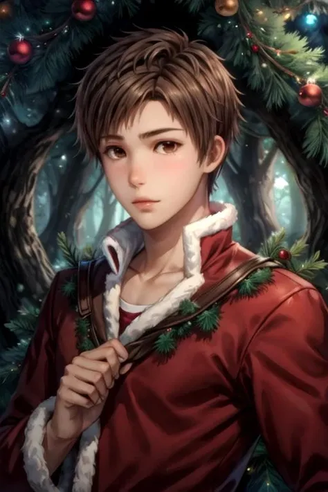 masterpiece, best quality, wallpaper, 1boy, solo, male focus, looking at viewer, upper body, , , , <lora:taiyou_ooga:0.74>, taiyou_ooga, brown hair, brown eyes, christmas costume, An enchanted forest where magical creatures and plants abound, High resolution