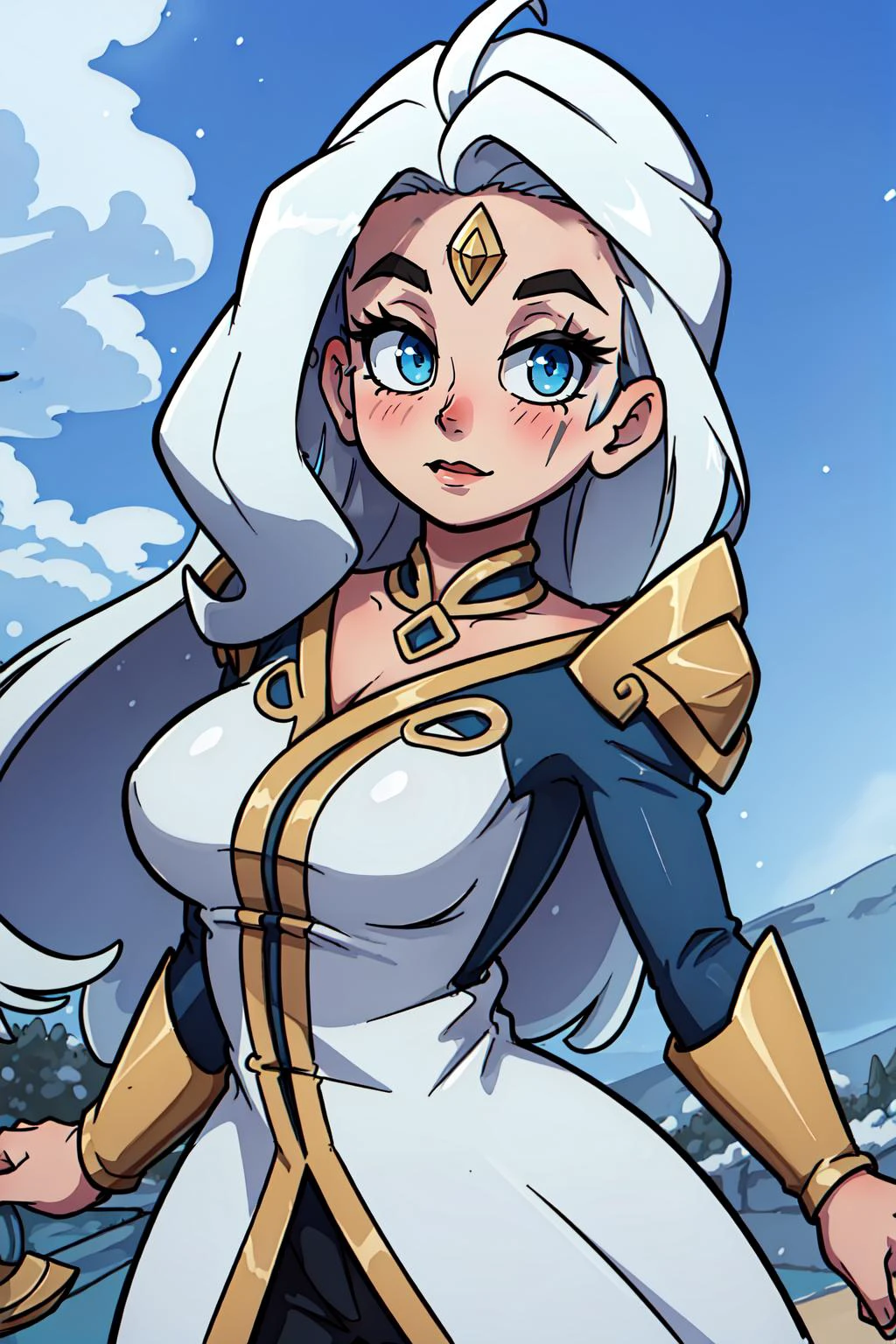 (masterpiece, best quality), intricate details,
1girl, <lora:Winterblessed_Diana:0.8> winterblessed diana, dress, pauldrons, long hair, white hair, forehead mark,
<lora:tohdrawsStyle_v1:0.8>