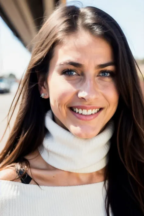 jln piercing eyes, looking straight, very happy,long hair, wearing an off-shoulder sweater, choker, closeup portrait, in a outdoor cafe in 2015, afternoon light,<lyco:JuilanneH-RealVision-V1.0:1.0>