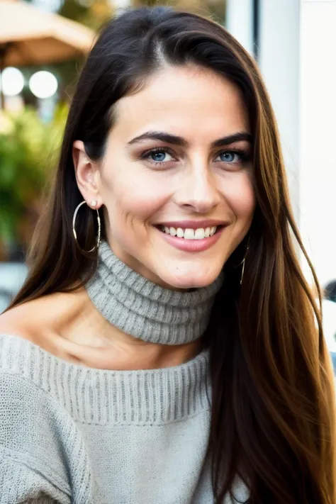 jln piercing eyes, looking straight, very happy,long hair, wearing an off-shoulder sweater, choker, closeup portrait, in a outdoor cafe in 2015, afternoon light,<lyco:JuilanneH-RealVision-V1.0:1.0>