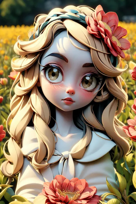 (masterpiece, best quality:1.3), portrait of a cute girl, flower crown, pale skin, flower field