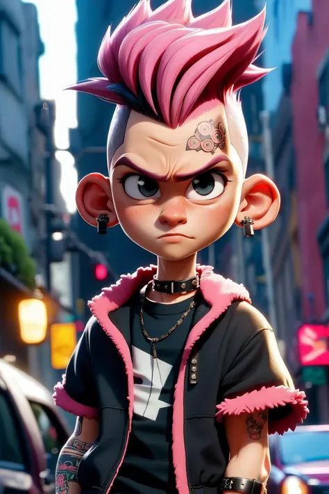 masterpiece,best quality, punk kid with pink mohawk hair, blurred night city background