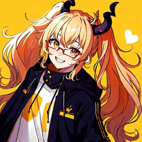 kagase uno,solo,1girl,<lora:kagase uno:0.7>,horns, glasses, solo, twintails, blonde hair, heart, yellow background, smile, long hair, jacket, grin, virtual youtuber, orange eyes, looking at viewer