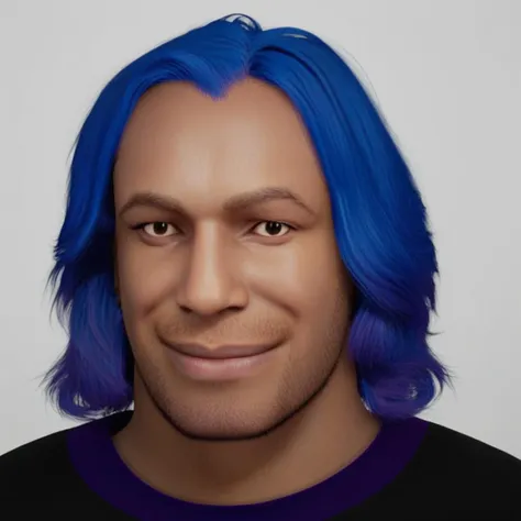 criss metaxvoor, 1boy, solo, male focus, realistic, blue hair, facial hair, grey background, shirt, black eyes, simple background, upper body, smile, stubble, looking at viewer, score_9, score_8_up, score_7_up, score_6_up, score_5_up, score_4_up