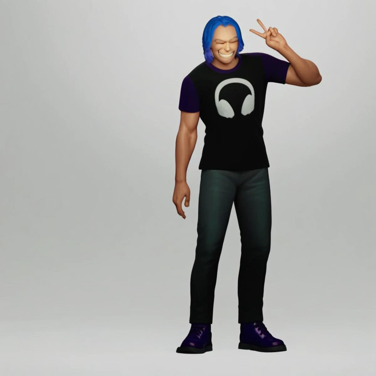 criss metaxvoor, 1boy, solo, male focus, blue hair, shirt, pants, smile, v, closed eyes, shoes, grey background, simple background, purple footwear, t-shirt, full body, black shirt, standing, short sleeves, grin, hand up, score_9, score_8_up, score_7_up, score_6_up, score_5_up, score_4_up