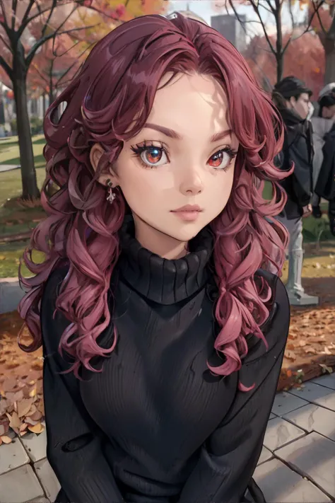<lora:hairstyles-curls:0.5>, curls_hairstyle, beautiful woman wearing black sweater, pink hair, city park in autumn || masterpiece, perfect quality, sharp focus, shallow depth of field, 8k