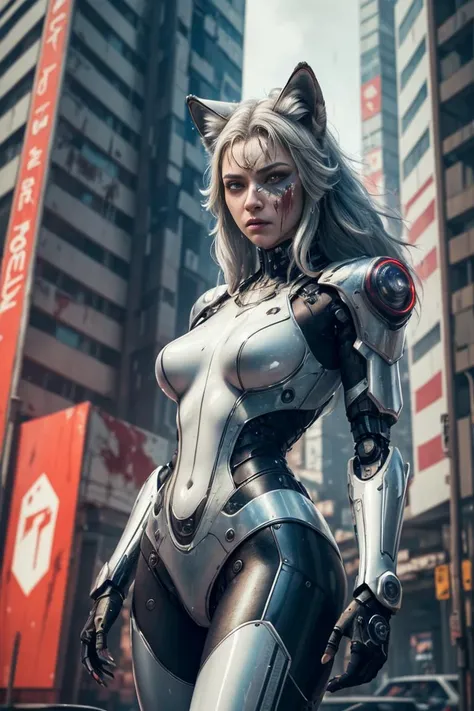 ((masterpiece)), (((best quality))), ((ultra-detailed)), ((illustration)), reflection, sharp focus, front lit, intense shadows, realistic (beautiful detailed eyes), eyelashes, an extremely delicate and beautiful girl, (wolf ears:1.2), ((red eye)), silver hair, long hair, navel, large breasts, shiny skin, (machanical_parts:1.1), (robot_joints), silver letter embroidered transparent|white latex suit, mask cinematic lighting, ray tracing, Depth of field, dynamic angle, looking at viewer, (((cyberpunk city))), (((the best building))), (((rain))), (blood on face) <lora:aMechaMusumeA_arc:0.75>