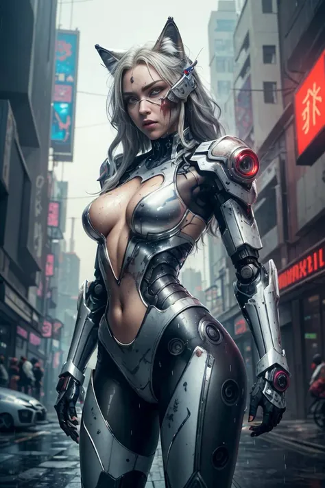 ((masterpiece)), (((best quality))), ((ultra-detailed)), ((illustration)), reflection, sharp focus, front lit, intense shadows, realistic (beautiful detailed eyes), eyelashes, an extremely delicate and beautiful girl, (wolf ears:1.2), ((red eye)), silver hair, long hair, navel, large breasts, shiny skin, (machanical_parts:1.1), (robot_joints), silver letter embroidered transparent|white latex suit, mask cinematic lighting, ray tracing, Depth of field, dynamic angle, looking at viewer, (((cyberpunk city))), (((the best building))), (((rain))), (blood on face) <lora:aMechaMusumeA_arc:0.75>