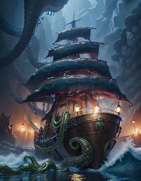 (Extreme Digital Artwork:1.5) of (Masterpiece:0.75) [pirate ship:tentacles:0.24],<lora:epiNoiseoffset_v2:0.3>, (grainy:0.5), (natural lighting:0.6), dark, AND (blue slimy tentacle wrapping, rising:1.3) AND (green slimy tentacle wrapping:1.3),,CGSociety,ArtStation,(Vivid Colors:0.55)