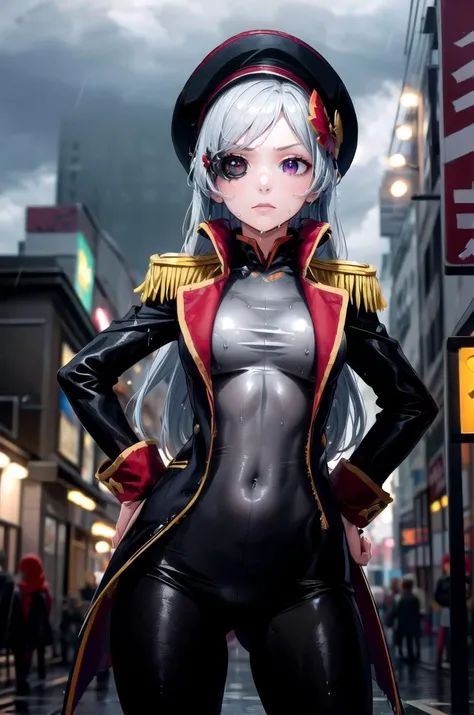 (masterpiece, best quality, detailed), 1girl, solo, looking at viewer <lora:freya_(danmanchi)_v2:0.7> aafreya, long hair, hair ornament, swept bangs, purple eyes,
<lora:edgWar40kCommissarv1:0.85>, edgCommissar, millitary uniform, epaulettes, ((artificial eye)), skull emblem, hat, wearing edgCommissar, outdoors, lightning, rain, cloudy sky, wet, storm, wind, hands on hips, closed mouth, serious