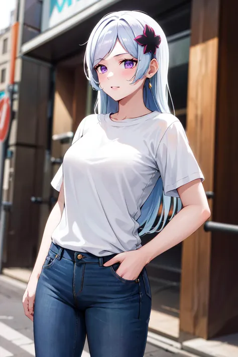 masterpiece, best quality, highres, aafreya, long hair, hair ornament, swept bangs, purple eyes, <lora:freya_(danmanchi)_v2:0.7>, t-shirt, white shirt, jeans, cowboy shot, hand in pocket, street