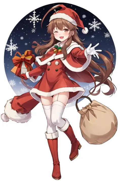 best quality, masterpiece, highres, solo, {kuma_kantaicollection:1.15}, brown_hair, long_hair, ahoge, brown_eyes, huge_ahoge, blush, smile, open_mouth, serafuku, 1girl, bangs, bell, capelet, chibi, dress, fang, fur-trimmed_capelet, fur-trimmed_dress, fur_trim, gloves, hat, holding, holding_sack, long_sleeves, looking_at_viewer, red_capelet, red_dress, red_gloves, red_headwear, sack, santa_costume, santa_hat, simple_background, very_long_hair, white_background, boots, full_body, fur-trimmed_boots, fur-trimmed_headwear, standing, brown_footwear, christmas, thighhighs, white_thighhighs, :d, ;d, one_eye_closed, outstretched_arm, red_eyes, red_footwear, sidelocks, sparkle, standing_on_one_leg, twitter_username