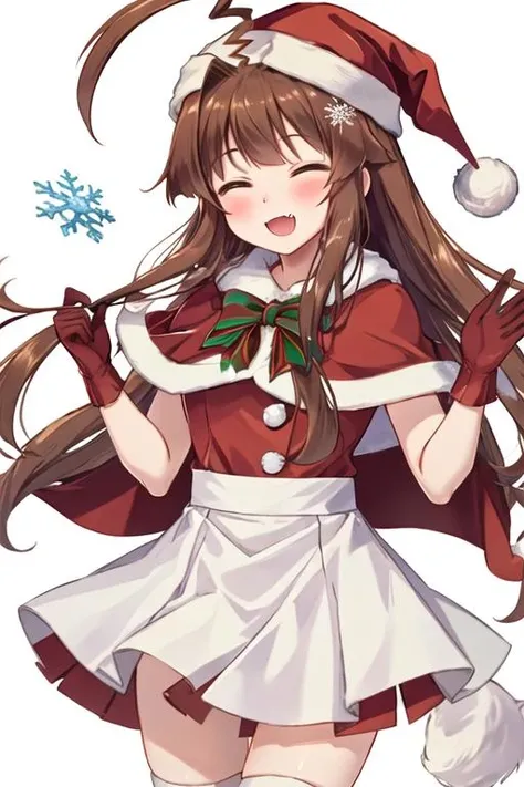 best quality, masterpiece, highres, solo, {kuma_kantaicollection:1.15}, brown_hair, long_hair, ahoge, brown_eyes, huge_ahoge, blush, smile, open_mouth, serafuku, 1girl, box, christmas, fang, fur_trim, gift, gift_box, hat, santa_costume, santa_hat, capelet, snowflakes, ^_^, alternate_costume, closed_eyes, gloves, holding, red_capelet, red_gloves, facing_viewer, heart, merry_christmas, sparkle