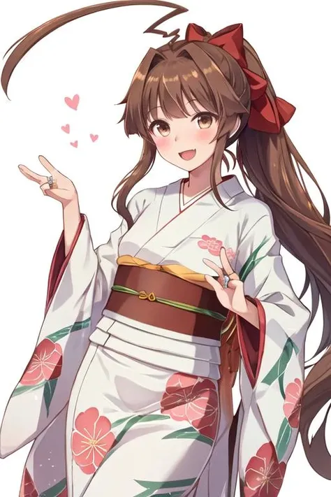 best quality, masterpiece, highres, solo, {kuma_kantaicollection:1.15}, brown_hair, long_hair, ahoge, brown_eyes, huge_ahoge, blush, smile, open_mouth, serafuku, 1girl, floral_print, hair_bow, japanese_clothes, kimono, looking_at_viewer, white_background, yukata, bow, ponytail, jewelry, ring, sash, simple_background, wedding_ring, wide_sleeves, obi, twitter_username