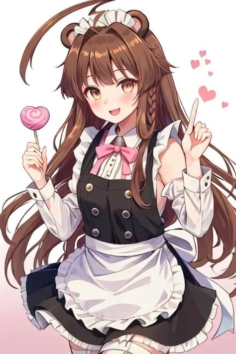 best quality, masterpiece, highres, solo, {kuma_kantaicollection:1.15}, brown_hair, long_hair, ahoge, brown_eyes, huge_ahoge, blush, smile, open_mouth, serafuku, 1girl, alternate_costume, apron, bangs, bow, enmaided, frills, hair_ribbon, heart, index_finger_raised, long_sleeves, looking_at_viewer, maid, maid_headdress, ribbon, shirt, yellow_shirt, collared_shirt, very_long_hair, animal_ears, bear_ears, blurry, candy, closed_mouth, food, frilled_apron, hands_up, holding, holding_candy, holding_food, holding_lollipop, lollipop, maid_apron, pink_bow, pink_ribbon, white_apron