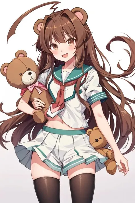 best quality, masterpiece, highres, solo, {kuma_kantaicollection:1.15}, brown_hair, long_hair, ahoge, brown_eyes, huge_ahoge, blush, smile, open_mouth, serafuku, 1girl, looking_at_viewer, school_uniform, stuffed_animal, stuffed_toy, teddy_bear, white_background, simple_background