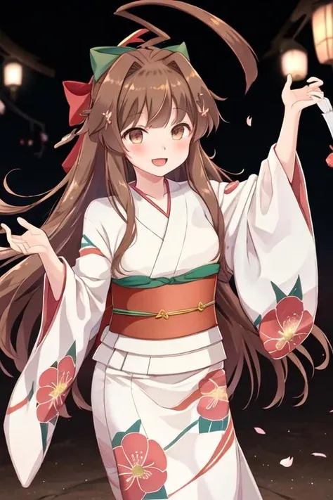 best quality, masterpiece, highres, solo, {kuma_kantaicollection:1.15}, brown_hair, long_hair, ahoge, brown_eyes, huge_ahoge, blush, smile, open_mouth, serafuku, 1girl, japanese_clothes, kimono, yukata, hair_bow, floral_print, sash, looking_at_viewer, obi