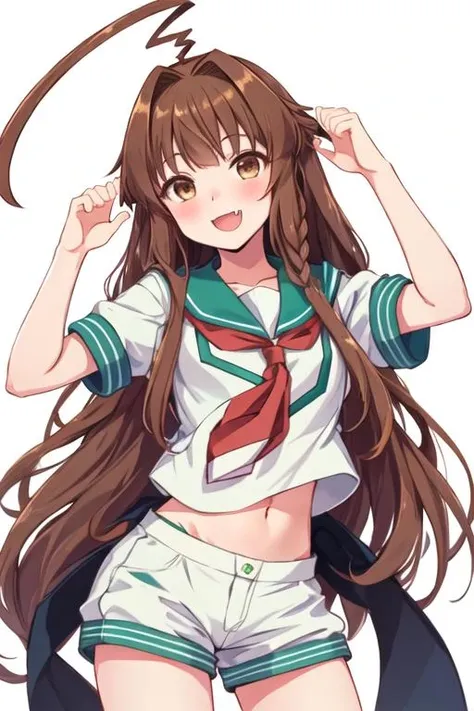 best quality, masterpiece, highres, solo, {kuma_kantaicollection:1.15}, brown_hair, long_hair, ahoge, brown_eyes, huge_ahoge, blush, smile, open_mouth, serafuku, 1girl, :d, bangs, fang, green_sailor_collar, hair_intakes, looking_at_viewer, neckerchief, sailor_collar, school_uniform, shirt, short_sleeves, very_long_hair, white_background, white_shirt, chibi, hands_up, red_neckerchief, navel, simple_background