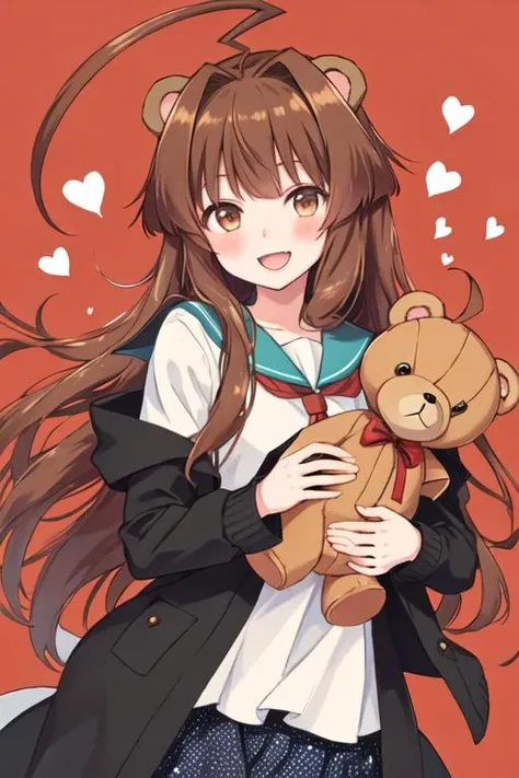 best quality, masterpiece, highres, solo, {kuma_kantaicollection:1.15}, brown_hair, long_hair, ahoge, brown_eyes, huge_ahoge, blush, smile, open_mouth, serafuku, 1girl, looking_at_viewer, polka_dot, polka_dot_dress, stuffed_animal, stuffed_toy, teddy_bear, alternate_costume, black_dress, dress, heart, jacket, food, long_sleeves, red_background, simple_background