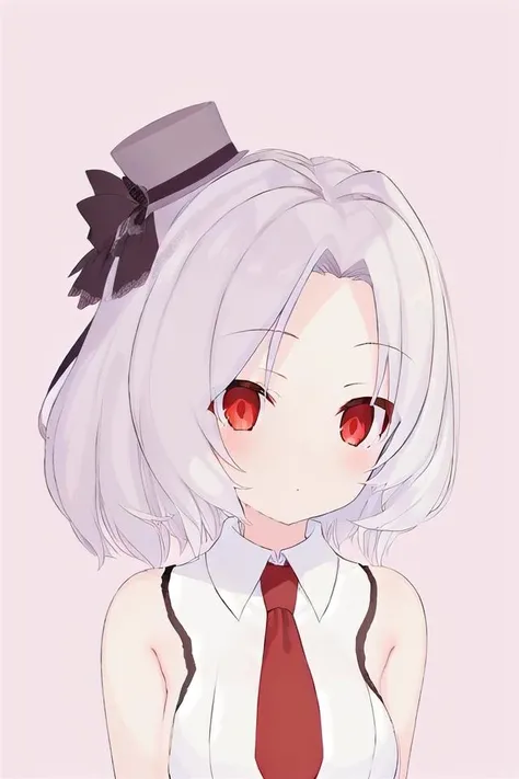 best quality, ultra high res, 1girl, looking at viewer, facing front, <lora:VV-3:1> vv, hat, solo, curly hair, red eyes, necktie,(forehead),curly_hair