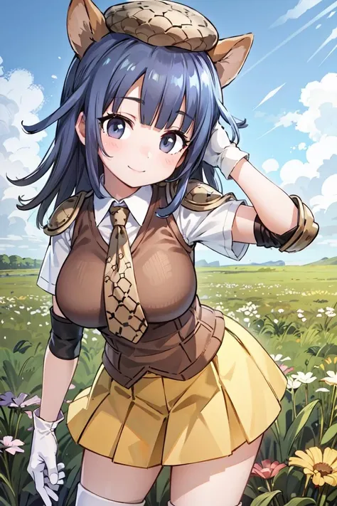 <lora:GiantArmadilloKemonofriends_Aruma:0.7>,ARUMA,
1girl,solo,masterpiece, best quality,high quality,delicate facial features,4k,mishoujo,hyper_detail,game cg,finely detailed beautiful eyes and detailed face,lustrous skin,colorful
giant_armadillo_(kemono_friends), tail, black eyes, animal ears, long hair, blue hair, anima_print
pleated skirt,white shirt,brown vest, hat, necktie, shoes, short sleeves, white gloves, yellow skirt, knee pads, elbow pads,
(looking_at_viewer:1.3),(cowboy shot:1.2), smile, standing,leaning forward,
(field:1.3),blue sky, cloud,