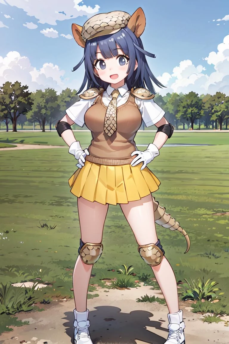 <lora:GiantArmadilloKemonofriends_Aruma:0.7>,ARUMA,
1girl,solo,masterpiece, best quality,high quality,delicate facial features,4k,mishoujo,hyper_detail,game cg,finely detailed beautiful eyes and detailed face,lustrous skin,colorful
giant_armadillo_(kemono_friends), tail, black eyes, animal ears, medium_hair, blue hair, anima_print
pleated skirt,white shirt,brown vest, hat, necktie, shoes, short sleeves, white gloves, yellow skirt, knee pads, elbow pads, shoulder pads, 
(looking_at_viewer:1.3),(full_body:1.2), smile, standing,hand_on_hips,open_mouth 
(field:1.3),blue sky, cloud,