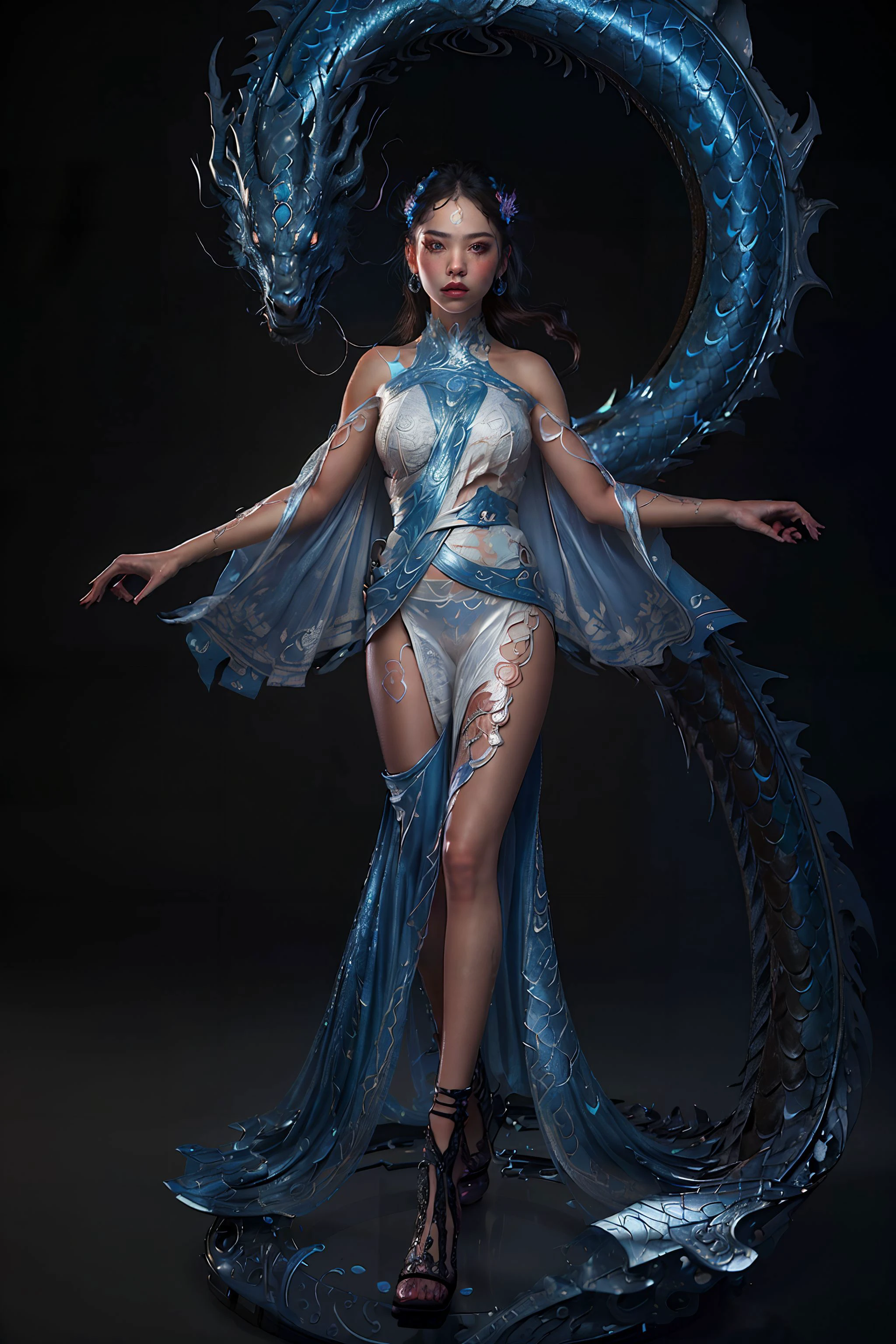 (8k, RAW photo, best quality, masterpiece:1.2), ((beautiful cg model face:1.3)), (photorealistic:1.2), ((best quality)), ultra high res,extremely detailed CG unity 8k wallpaper, cinematic lighting, (masterpiece, best quality, intricate details, chromatic aberration), (realistic),(skin),((intricate detailed)), ((Hyperrealistic)), absurd res,
A glorious temple, magestic, bright full of colour, shiny, intricate detailed pillars, magic glow,V0id3nergy<lora:kVoidEnergy:0.0555> (bright light:1.1), immersive atmosphere, (chiaroscuro:1.6),
<lora:LowRA:0.06>,<lora:add_detail:0.35>,
<lora:phoenixdressV.2:0.55> (1 gorgeous beautiful 22 year old sexy women:1.8), water mage <lora:YinaSky:0.35>, calling down the lightning lightingvfx <lora:LightingVFX:0.65>, with a dragon, long dragon,loong <lora:loong2:0.8>, wearing dragon scale stylecloths, cute girl, slim body, (idol, mixed),<lora:hiqcg_body_epoch:0.5>,
tempting pose,( long legs:1.2), young woman, highly detailed, illustration, long hair, brown eyes, perfect eyes, beautiful detailed eyes, seductive eyes, looking at the viewer ,
perfect hands, detailed fingers, earrings, detailed background,
sunlight on her face, a look of joy,bright light open space, beautiful flowers, looking up to the sky, a spiral water, a woman controlling the water,a woman with water dragons<lora:waterVFX:0.85>,