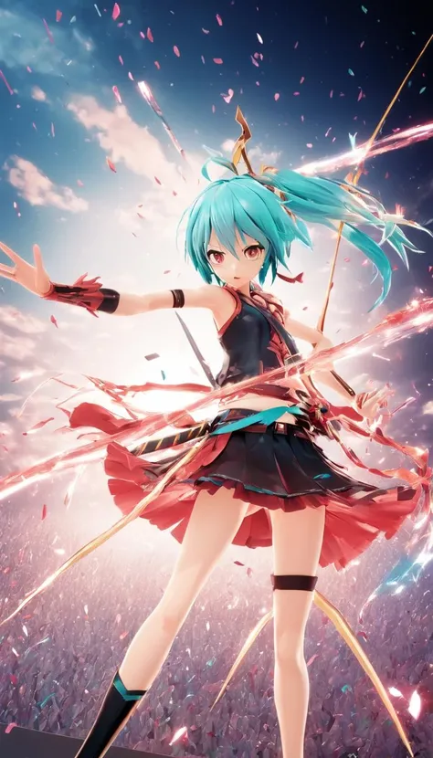 Cinematic scene, hero view, female warrior, action pose, detailed background, masterpiece, best quality, high quality, absurdres mikumikudance, vocaloid, 3d <lora:mikumikudance_medium:1>