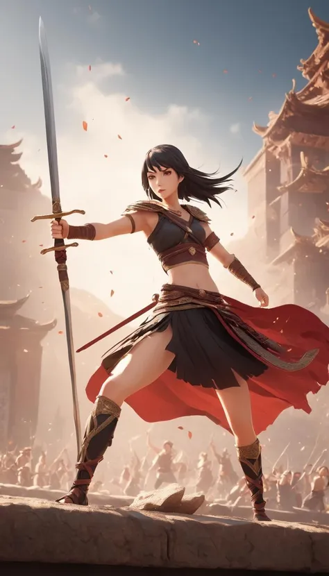 Cinematic scene, hero view, female warrior, action pose, detailed background, masterpiece, best quality, high quality, absurdres <lora:mikumikudance_medium:1>