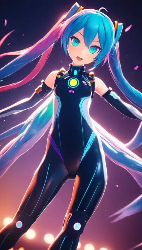 ((Extreme closeup)), portrait of a female vocaloid, multicolored mixed colored hair, braids, tight full bodysuit, flying though a paradox, action pose, Cinematic scene, hero view, extremely beautiful piercing eyes, detailed background, masterpiece, best quality, high quality, highres, absurdres, very detailed, high resolution, sharp, sharp image, 8k, vivid <lora:mmd_xl_v2:1>