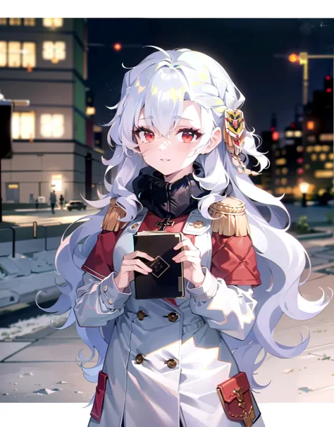 alpha_1918, 1girl, city, quilted clothes, coat,  holding book,  bible,
hair ornament, red eyes,  long hair, white hair, curly hair, solo, 
siberian atmosphere, cross, christian,
<lora:siberian atmosphere:0.7> 
 <lora:alpha_1918:1>, (masterpiece, best quality), intricate details, 8k, artstation, wallpaper, official art, splash art, sharp focus