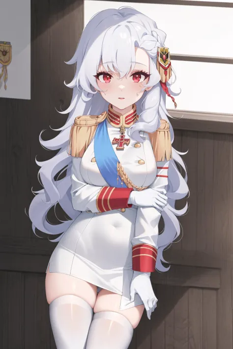 alpha_1918, 1girl, unsheathing, white suit, hair ornament, red eyes, long hair, white hair, military uniform, curly hair, solo, white gloves, white thighhighs, <lyco:character_ alpha_1918:1.0>