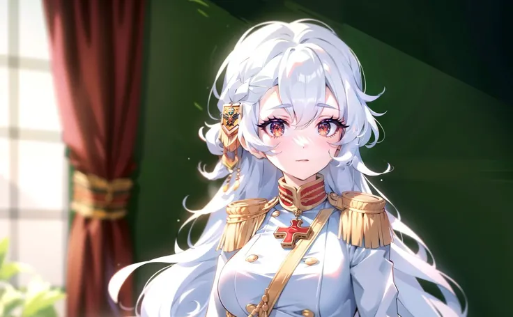 alpha_1918, 1girl, white suit, hair ornament, red eyes,  long hair, white hair, military uniform, curly hair, solo,
 <lora:alpha_1918:0.9>,, (masterpiece, best quality), intricate details, 8k, artstation, wallpaper, official art, splash art, sharp focus