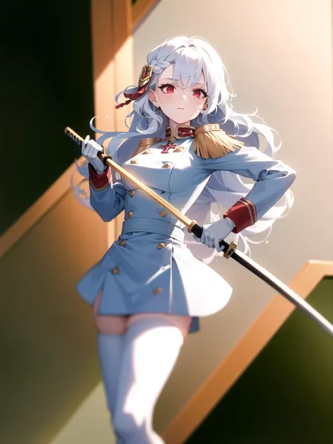 alpha_1918, 1girl, katana, unsheathing, 
white suit,  hair ornament, red eyes,  long hair, white hair, military uniform, curly hair, solo,
white gloves, white thighhighs, 
 <lora:alpha_1918:0.8>, (masterpiece, best quality), intricate details, 8k, artstation, wallpaper, official art, splash art, sharp focus