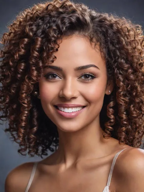 A stunning woman with a radiant smile, her curly hair exuding elegance. Her captivating head and shoulders portrait showcases the alluring details of her face, accentuated by dark and mesmerizing makeup. Hyperdetailed photography captures every intricate feature, while soft light adds a touch of enchantment. A perfect candidate for a captivating cover image.